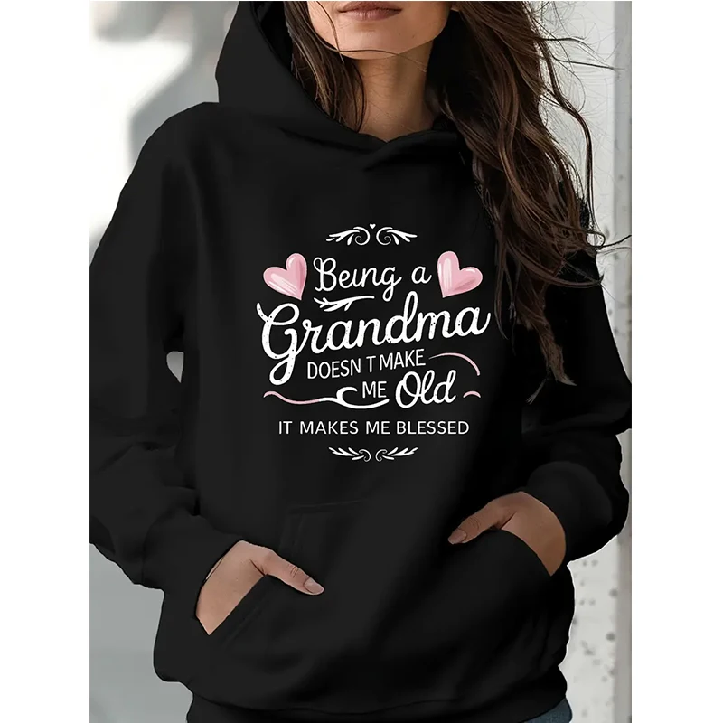 Grandma Blessed Women's Kangaroo Pocket Hoodies Autunm Winter Casual Letter Print Sweatshirts Gothic Long Sleeve Hoody Clothes