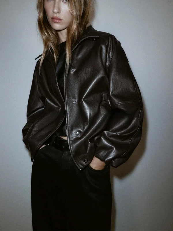 Modny, luźny płaszcz damski ze skóry PU na jesień i zimę, z wysokim kołnierzem, długi, w stylu europejskim, elegancki.