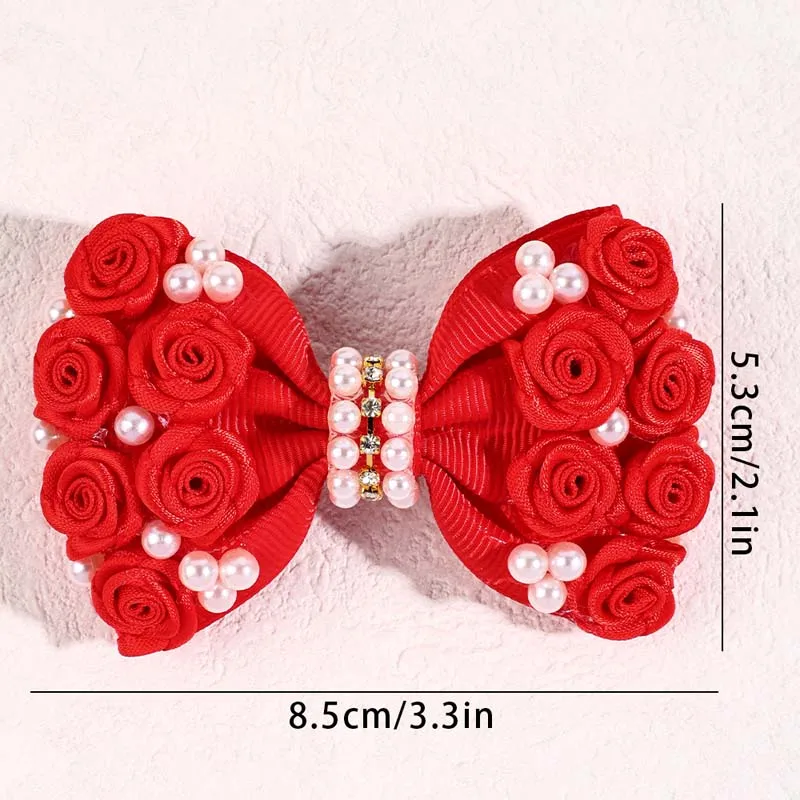 ncmama Pink Red Rose Flower Hairpins for Women Girls Elegant Pearl Bow Hair Clip Barrettes Headwear Boutique Hair Accessories