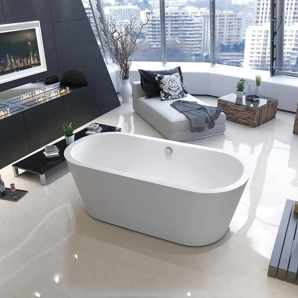 Small Modern Freestanding Acrylic Bath Tub 140cm-170cm Oval & Round Shape With Drainer For Soaking For Apartment & Indoor Use