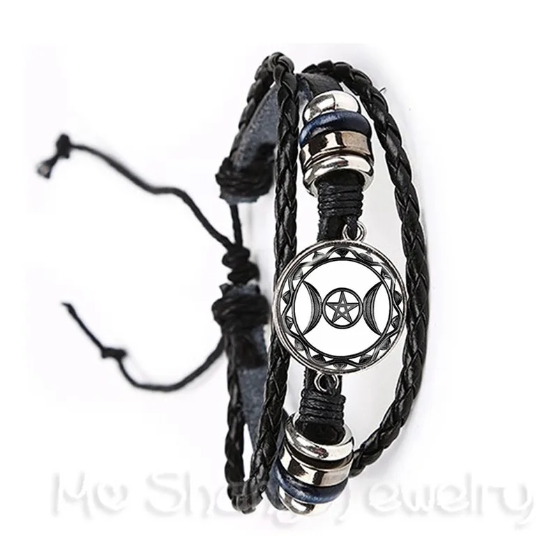 Triple Moon Goddess Bracelet Pentagram Witch Jewelry 20mm Glass Dome Wiccan Black/Brown Leather Bangle Charm Wicca Jewellery