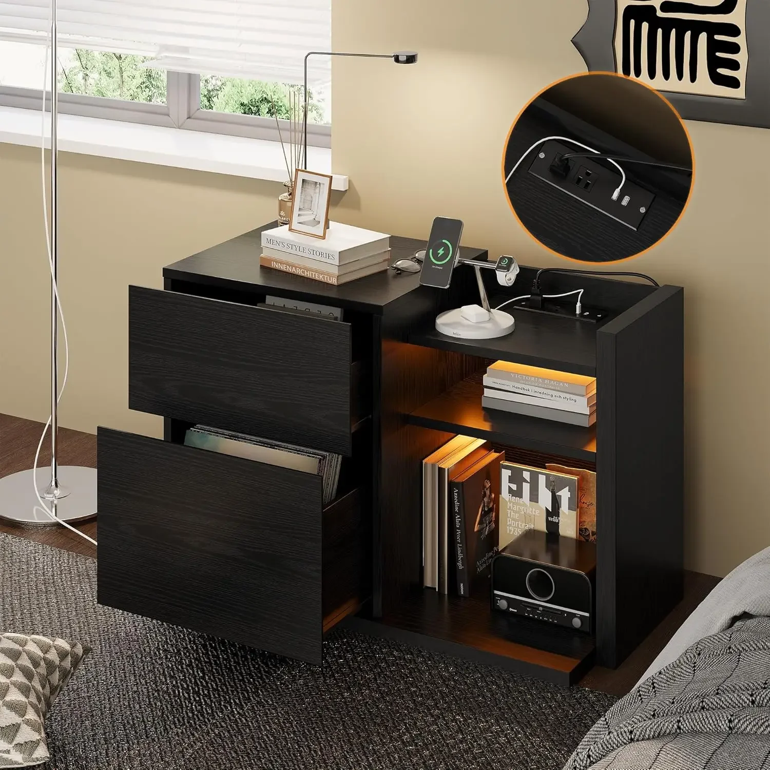 

LIKIMIO Black Night Stand with Shelves, Charging Station & LED, 2 Drawer Wooden Bedside Table Record Player Stand