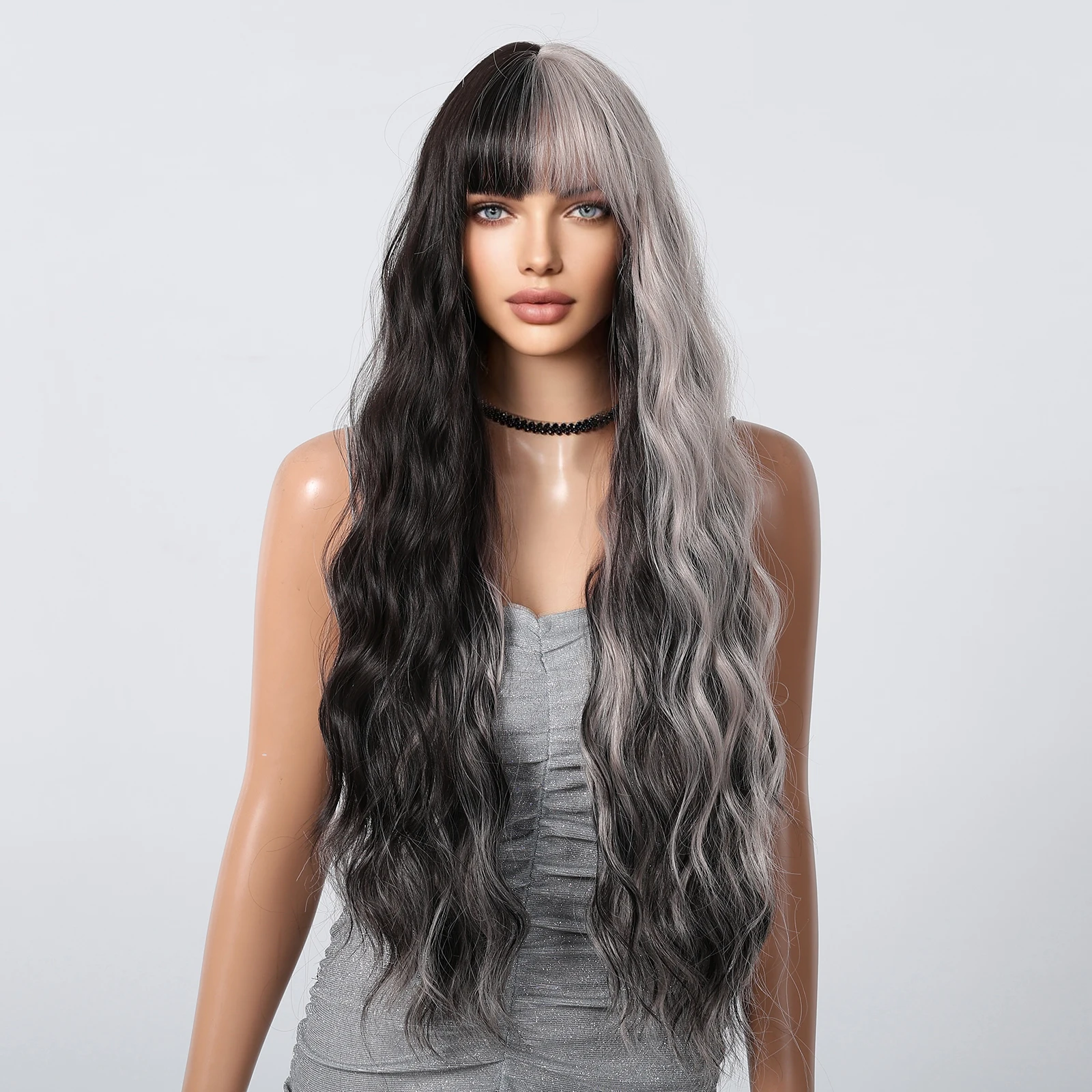 Schwarz Weiß Highlight Lange Lockige Perücke Mit Pony Schwarz Gemischt Grau Weiß Perücke Für Frauen Synthetische Mehrfarbige Cosplay Halloween Perücke