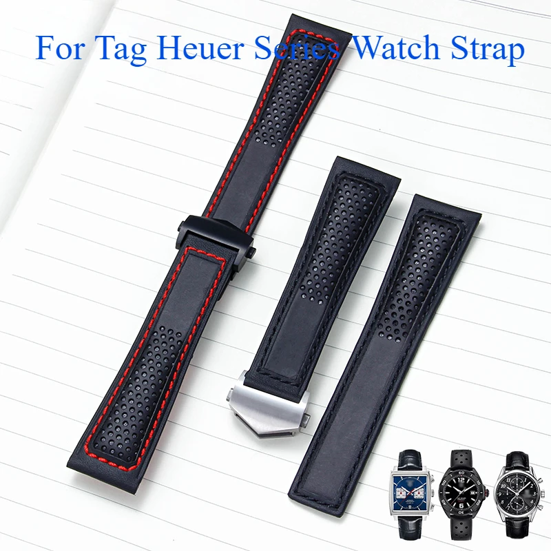 

High Quality Genuine Cow Leather Watch Strap for Tag Heuer Series Soft Comfortable Sweatproof Breathable Watchbands 22mm Black