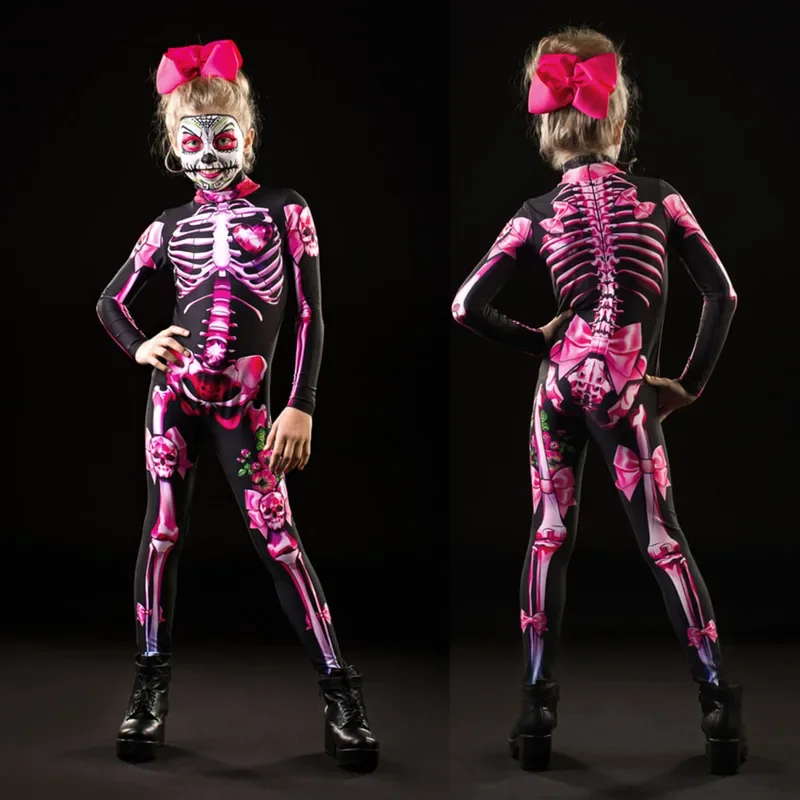 Adult Kids Halloween Skeleton Cosplay Jumpsuit Pink Rose Woman Sexy Skull Scary Costume Girls 3D Print Bodysuit Mother Daughter