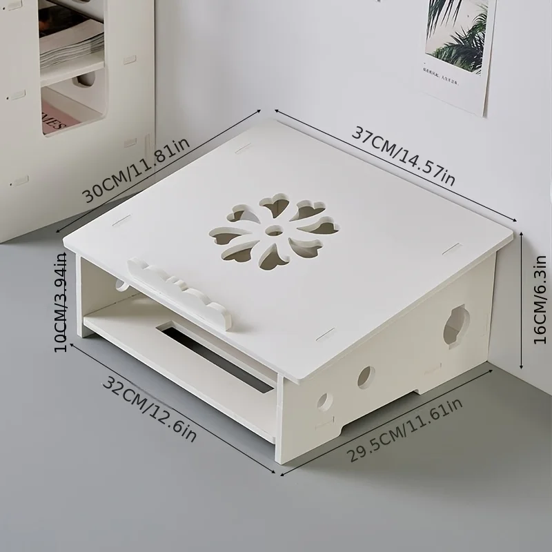 White Flower Hollow Laptop Stand, Minimalist Desk Monitor Riser with Storage Shelf & Cooling Vent, Ergonomic Notebook Holder for