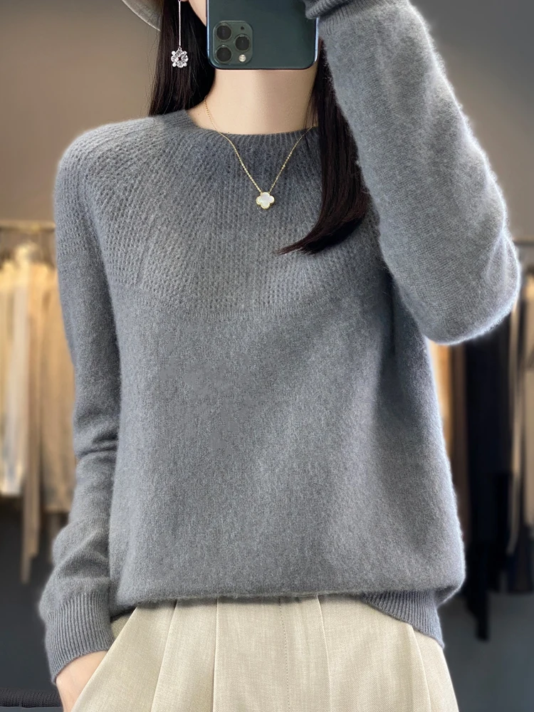 Autumn Winter Women Sweater O-Neck Long Sleeve 100% Merino Wool Hollow Solid Pullovers Cashmere Knitwear Female Clothing Tops