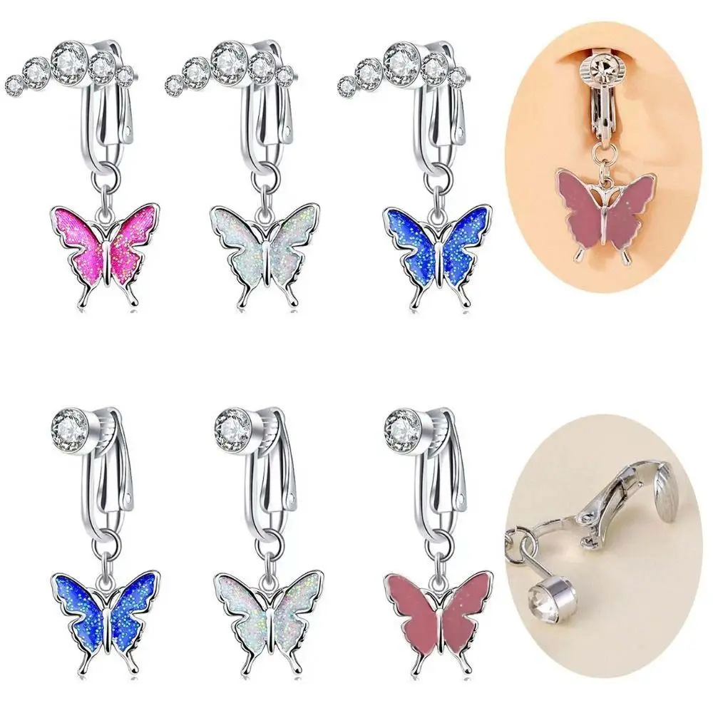 Clip para Piercing de ombligo falso con circonita y diamantes de imitación, mariposa de cobre, sin Piercing, ombligo, cartílago, pendientes geométricos