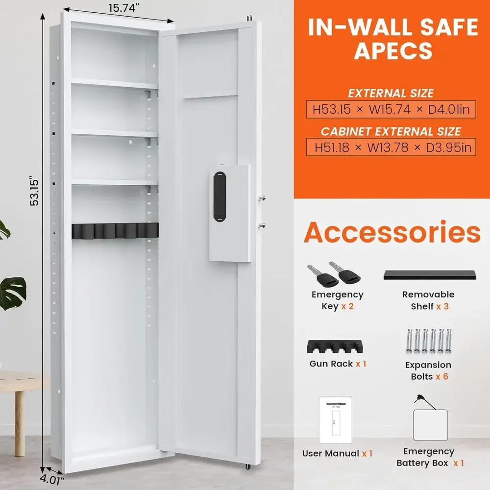 In-Wall Gun Safe, Between Studs Safe, Biometric Hidden Safes for Firearms, Pistols, Rifles, Shotguns with Adjustable Rack and Sh