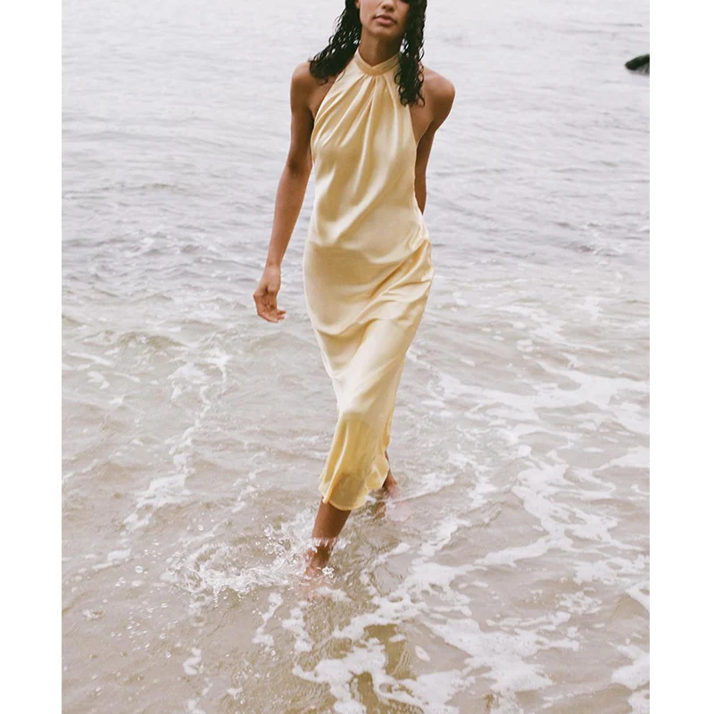 Ele Sommer Neue Ankunft Seide Satin Midi Dr Hängen Ne Kragen frauen Design Sensation Kleid l Taille Langen Rock