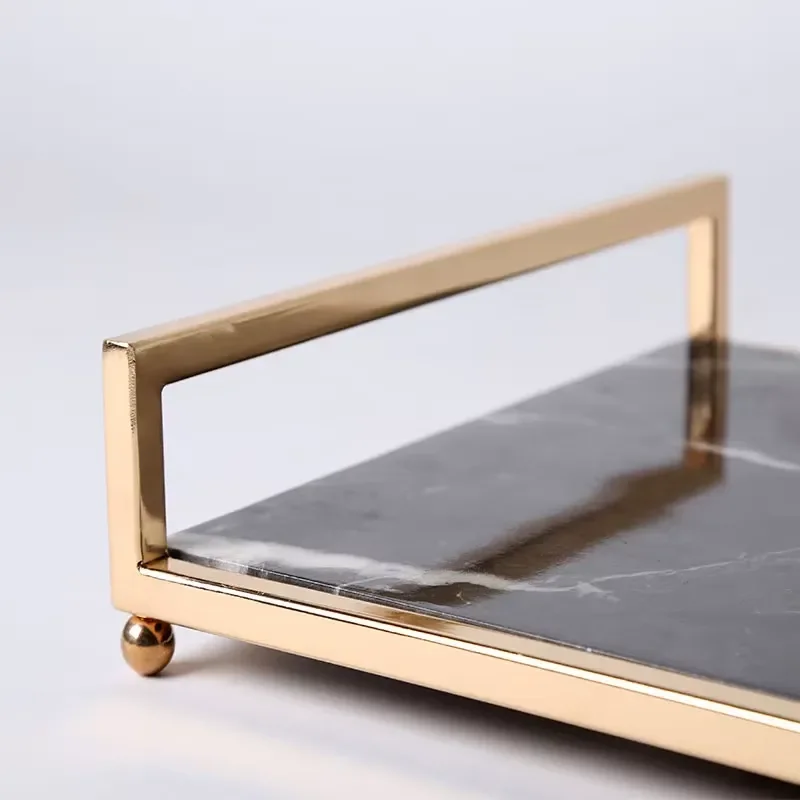 Elegant Black Marble Serving Tray with Gold Handle for Hotel Restaurant Decor Luxury Stone Platter for Dining Table