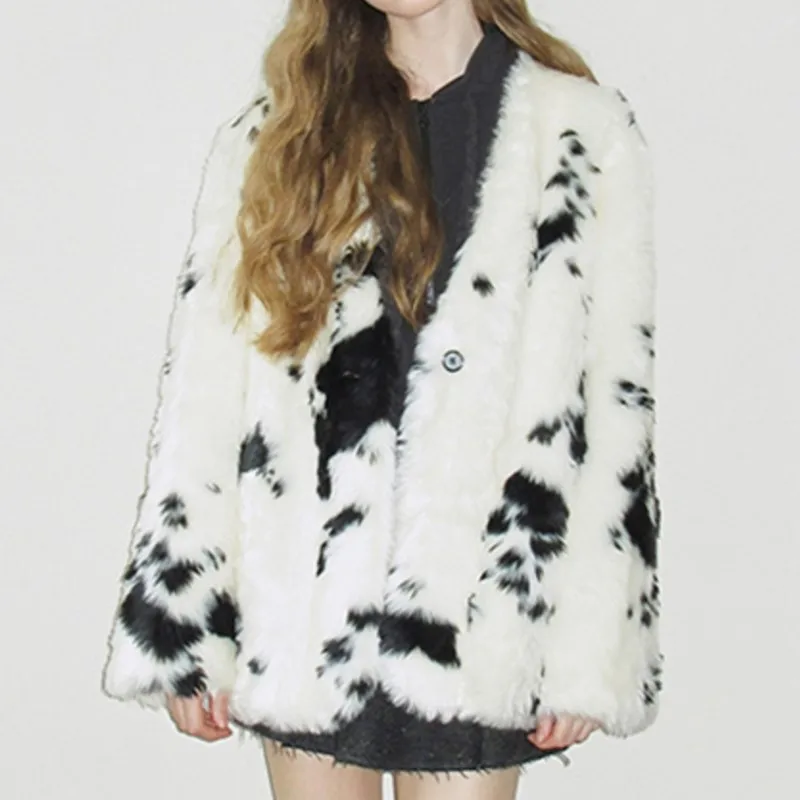 

2025 Fall Winter Thickened Warm Fur Fluffy Chic Color Block Jackets Tops Outerwear Retro Faux Fur Cow Printed Jackets Coats