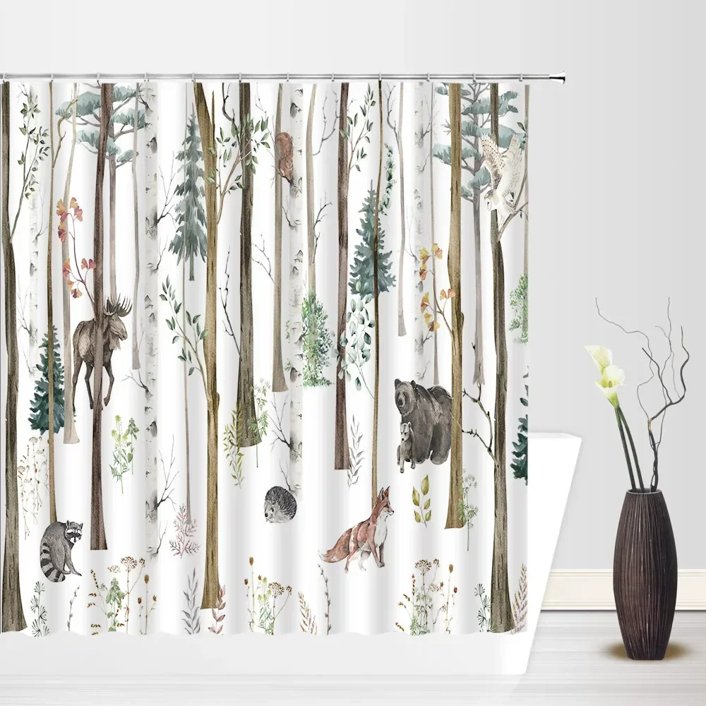 Animal Shower Curtain, Wild Woods Animal Farm Field Bear Deer Fox Fall Footprints Patchwork Bathroom Decoration