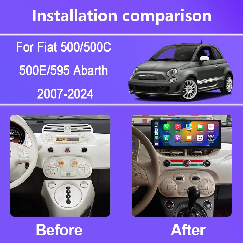12.3 Inch For Fiat 500/500C/500E/595 Abarth 2007-2024 8-Core 8G+256G Car Multimedia Player Stereo Receiver Radio GPS 4G WIFI