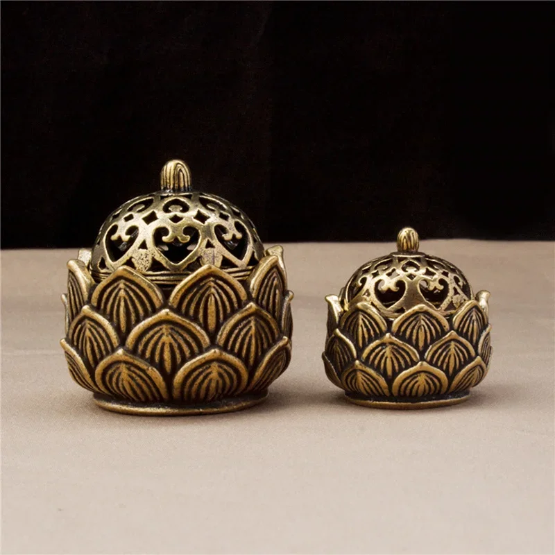 Retro Copper Small Lotus Hollow Out Incense Stick Burner Brass Holder With Cover Home Decoration Sandalwood Censer