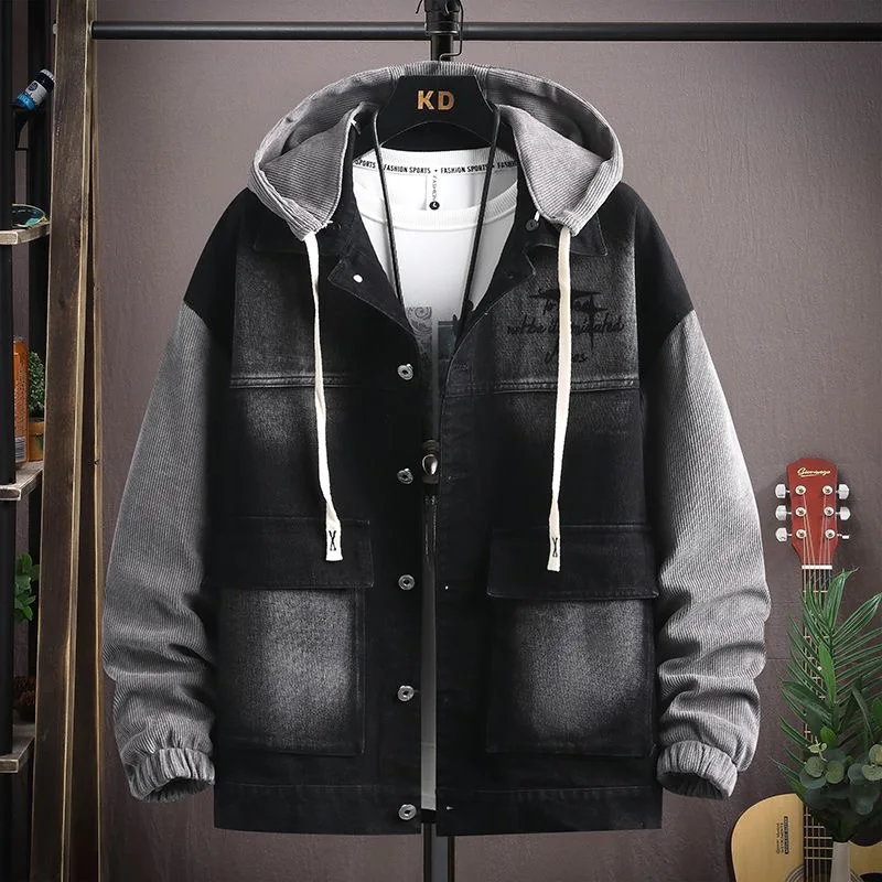 

Новая модная тенденция осени и весны: мужская джинсовая куртка с капюшоном в винтажном стиле для активного отдыха, повседневная свободная куртка больших размеров, высококачественная верхняя одежда M-3XL