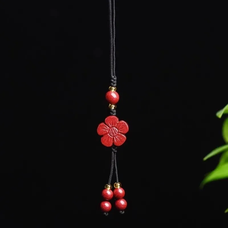 Customized Cinnabar plum blossom Key Chain Organic Jewellery Carved Fashion Chinese Charm Gifts Amulet Bag Buckle Pendant Red