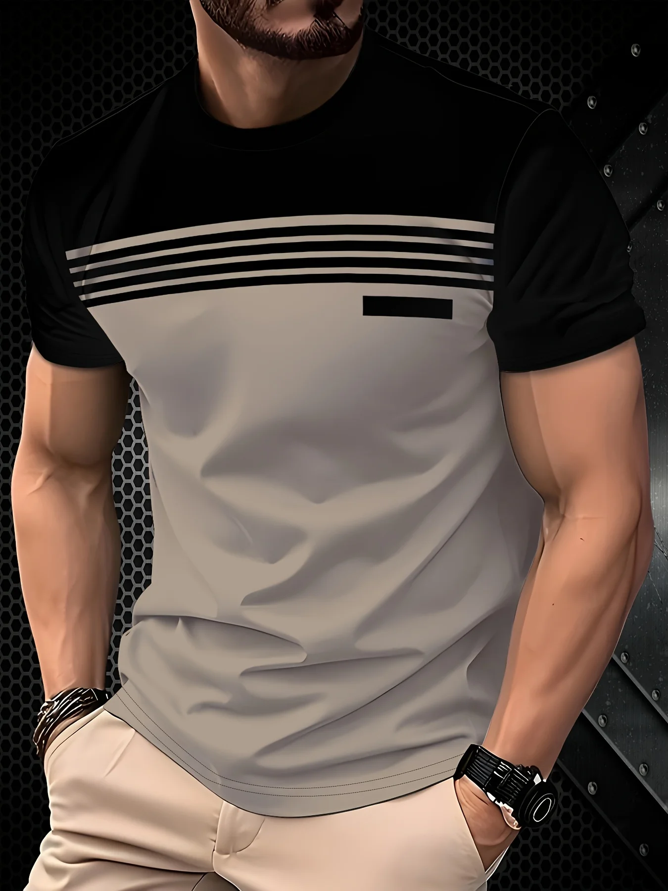 

Men's Fashionable Casual Round Neck T-shirt Made of 100_ Polyester Fiber Machine Washable Suitable For Outdoor Daily Wear