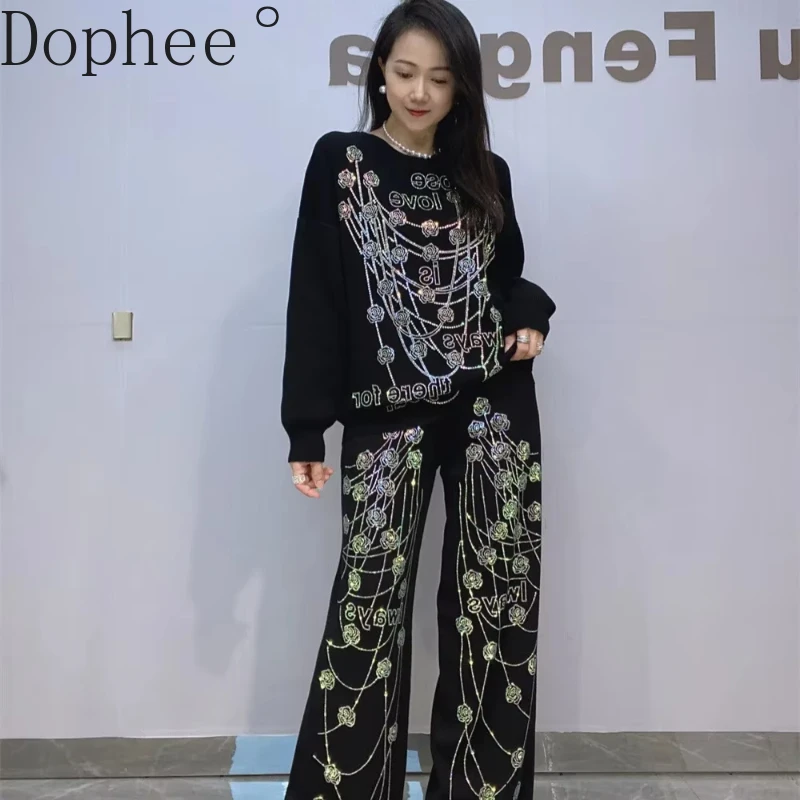 New Autumn Winter Women Knitting Suits Luxury Flower Hot Drilling Pullover Sweater Top + Wide Leg Loose Straight Pants 2pcs Set