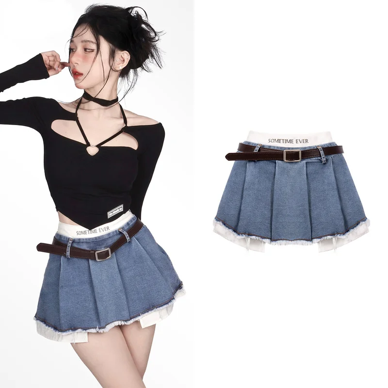 

Fake two piece a-line miniskirt women high waist design irregular hot girl pleated skirt summer sexy and thin all-match skirt