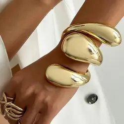 DIEZI Vintage Big Water Drop Heavy Metal Wide Cuff Bangles Bracelets Vintage Punk Geometric Metal Spring Bangle For Women Men