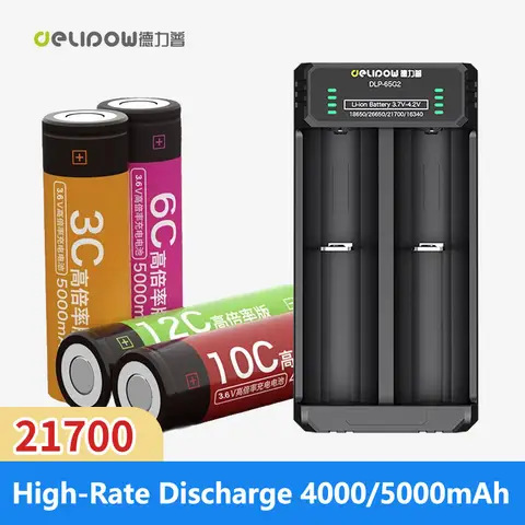 Delipow 21700 5000mAh 4000mAh Rechargeable Battery 3.7v 12C 10C 6C 3C High-Rate Discharge 21700 Lithium lon Rechargeable Battery
