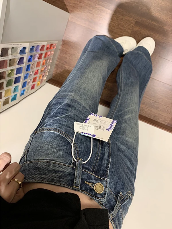 بنطلون جينز نسائي أمريكي بخصر عالٍ وقصة واسعة من الأسفل، موديل جديد لخريف 2025، ساق مستقيمة بطول الأرض