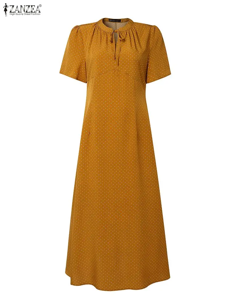 ZANZEA Frauen 2025, Sommerkleid, elegant, kurzärmelig, gepunktet, lässig, mit Schnürung, Urlaub, Midi-Robe, modisch, Arbeit, Vestidos