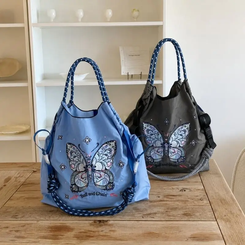New Style Women's Handbag with Embroidered Butterfly, Bohemian Style, Large Capacity Shoulder Bag, Hand-Held Shopping Bag, Lightweight Foldable Bag for All Seasons - view 2