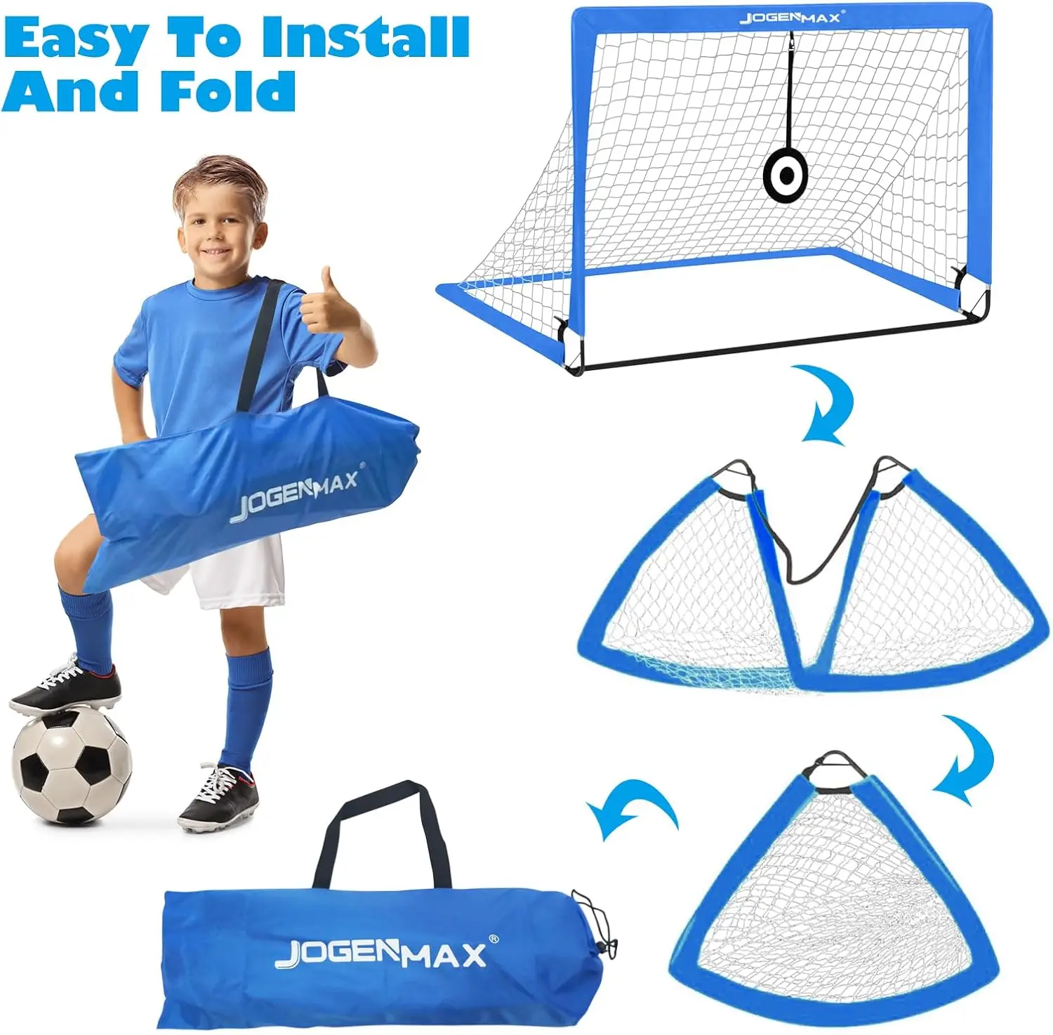 Porta de fútbol emergente plegable portátil, equipo de entrenamiento ligero para interiores y exteriores con 2 objetivos y 6 conos de obstáculos