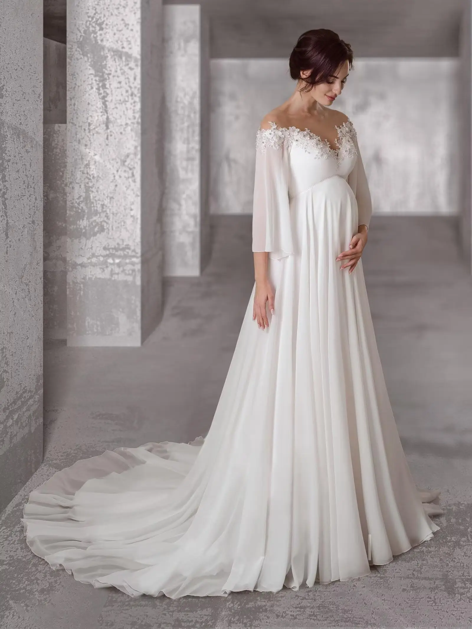 

Long Sleeves Maternity Dresses for Wedding Off Shoulder A Line Chiffon Pregnancy Gowns for Baby Shower Photoshoot