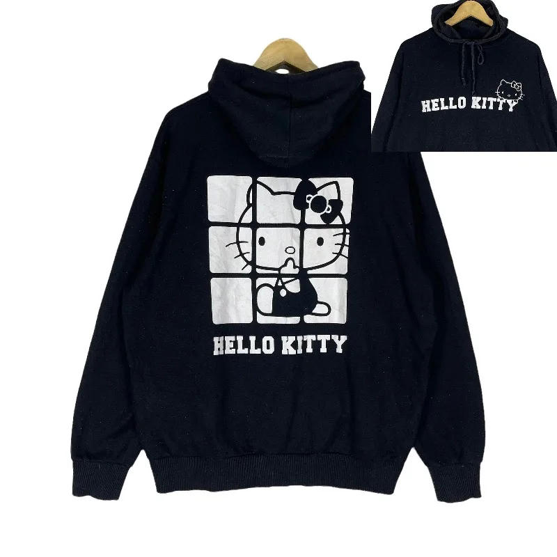 

Women’s Autumn Winter Hoodies Hello Kitty Merch Clothing Cartoon Print Hooded Black Sweatshirt Y2K Oversized Cotton Causalwear