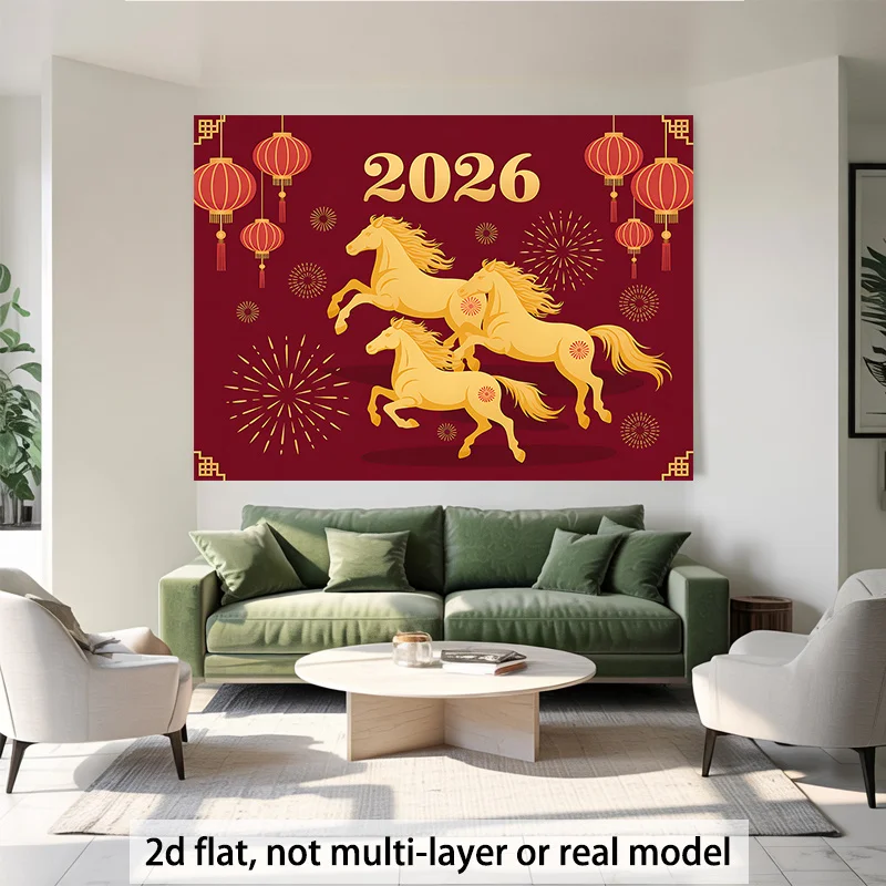 لافتة حصان مسطحة ثنائية الأبعاد، قطعة واحدة 2026 للعام الصيني الجديد - زخرفة صينية تقليدية باللونين الأحمر والذهبي مع خيول وفوانيس متأرجحة،