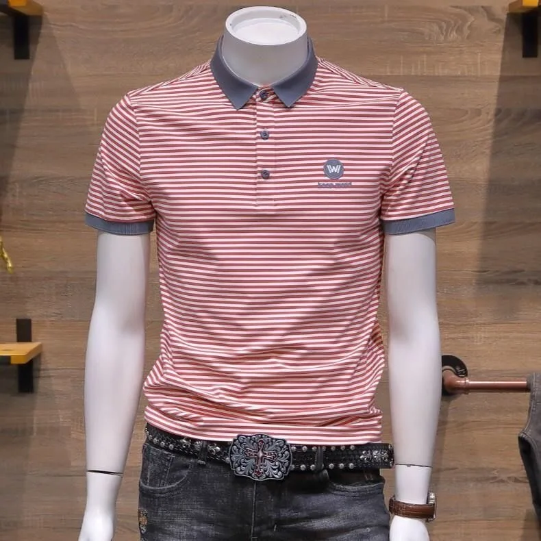 Men's Short Sleeve  Shirt Summer Thin Ice Silk High End Business Slim Fit Striped Premium Feeling Embroidery Half Sleeve ...