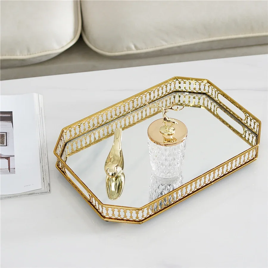 Hollow Metal Glass Mirror Tray Storage Decorative Trays Shooting Props Jewelry Organizer Tea Dessert Plate Cake