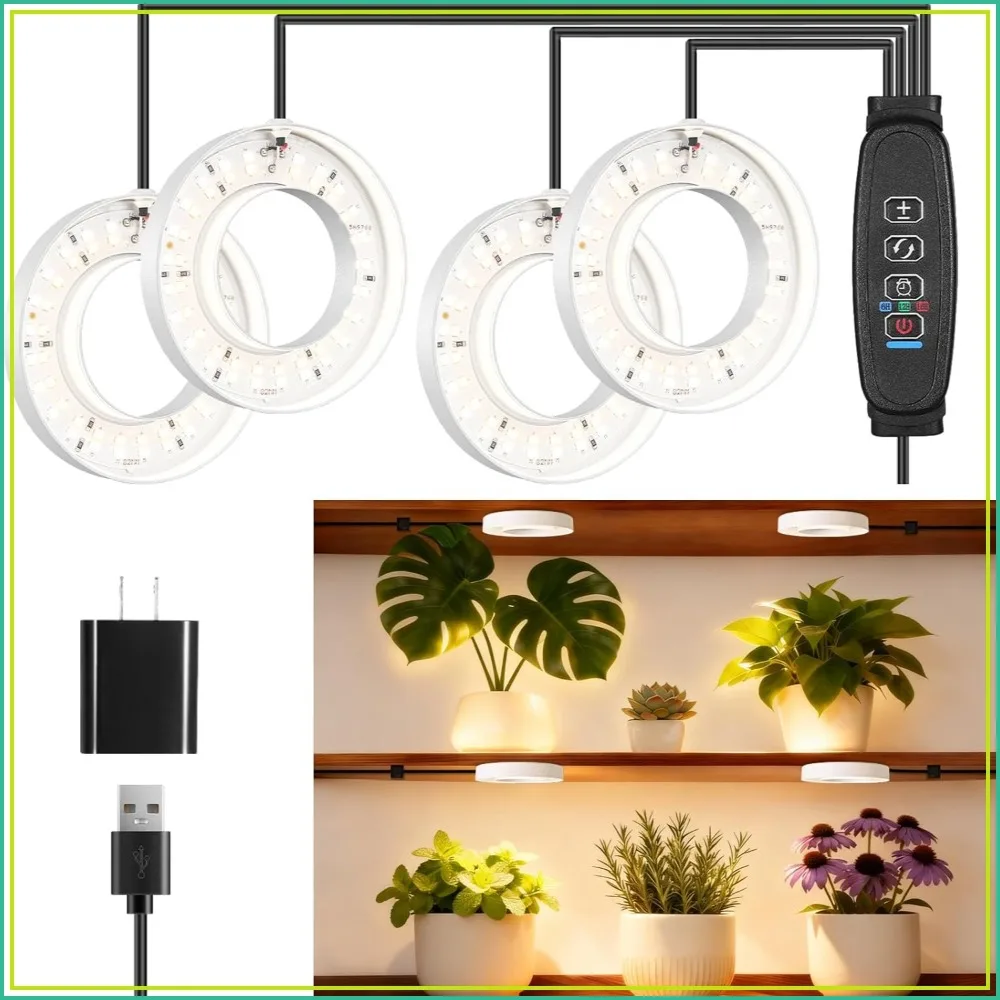 

LED Plant Growth Lights for Indoor Plants, Full Spectrum 3.54" Grow Lamps with Timer, 3 Modes, 10 Dimmable Levels, Halo Ring Design (4 Head)