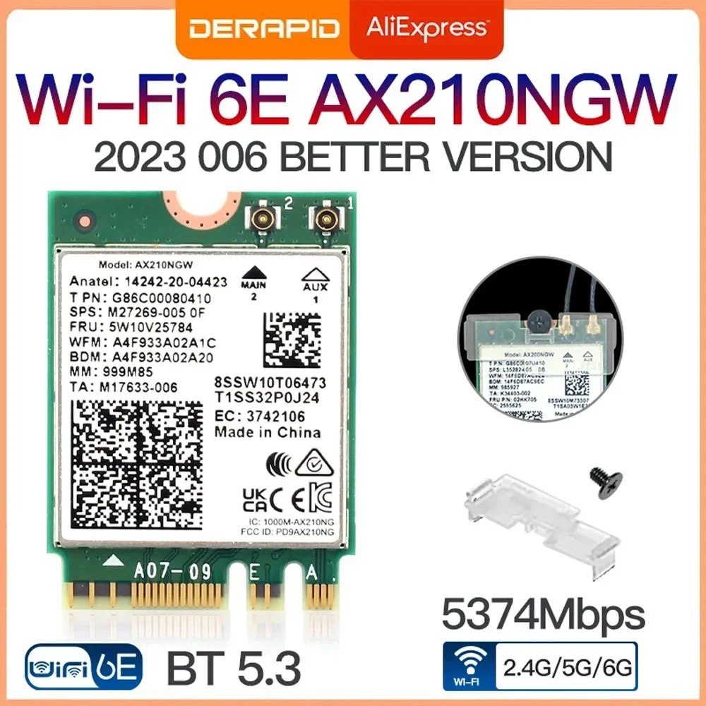 트라이 밴드 와이파이 6E AX210 무선 2.4Gbps 블루투스 5.3, 802.11AX 무선 와이파이 6 AX210, 인텔 AX210NGW M.2 NGFF Wlan 와이파이 카드용 