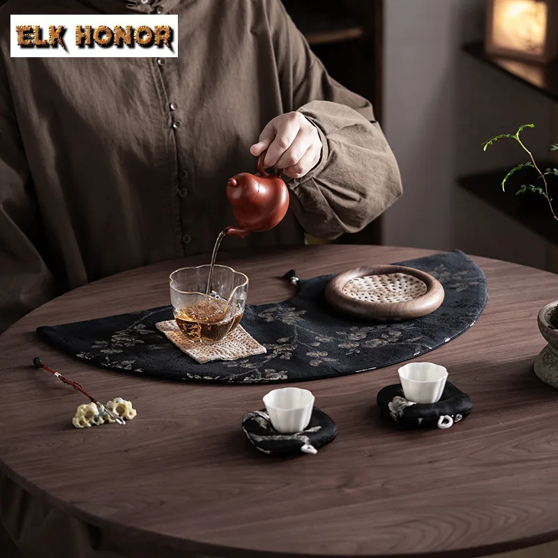 White Plum Embroidery Tea Table Mats Luxury Teacup Coaster Set Drink Coaster Household Dinner Table Cloth Mat Tea Items Craft