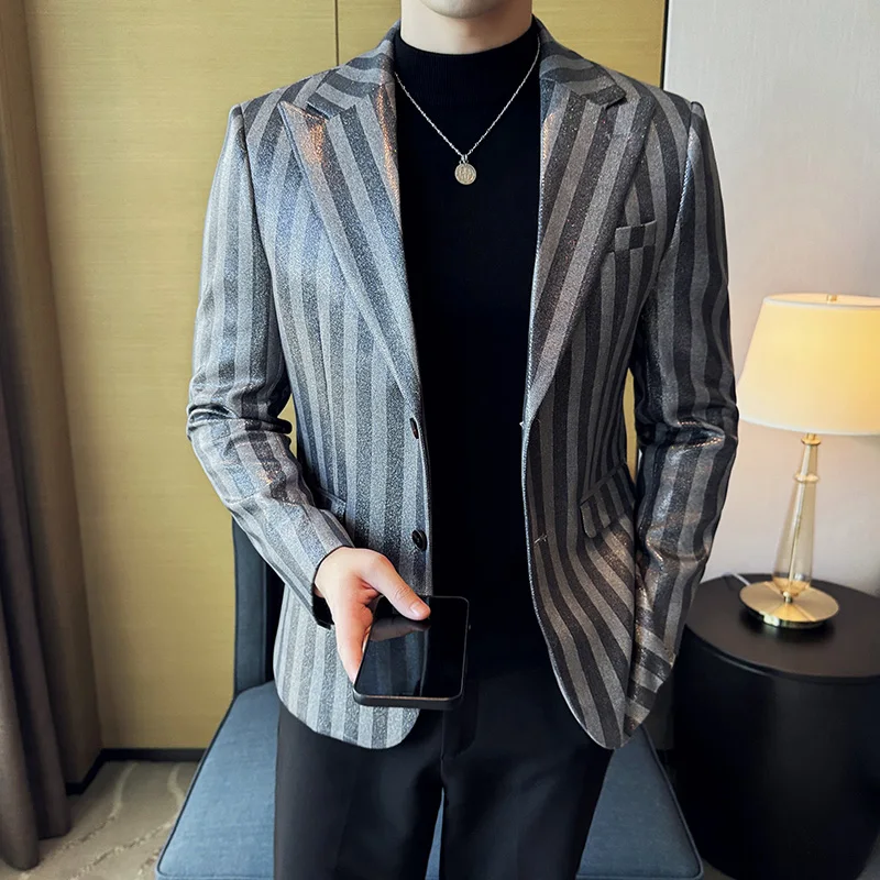 High Quality Vintage Suede Line Bronzing Striped Suit Coat 2025 Autumn New Men Slim Business Social Formal Suit Jacket Tailcoats