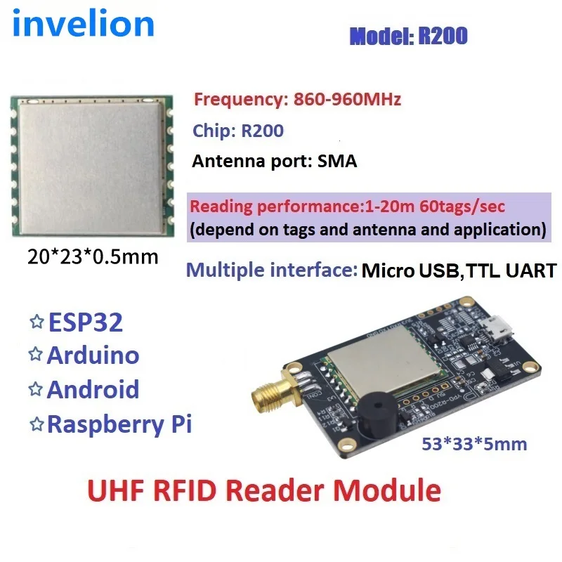 Invelion R200 Chip Micro Size Long Range RFID UHF Module Raspberry Pi TTL(UART) Micro USB 1 Port SMA 3.5V -5V