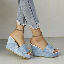 Slippers Women Summer Shoes Big Size On A Wedge Pantofle Slides Platform Heeled Mules Fashion Low Denim 2024 High Luxury PU Rome