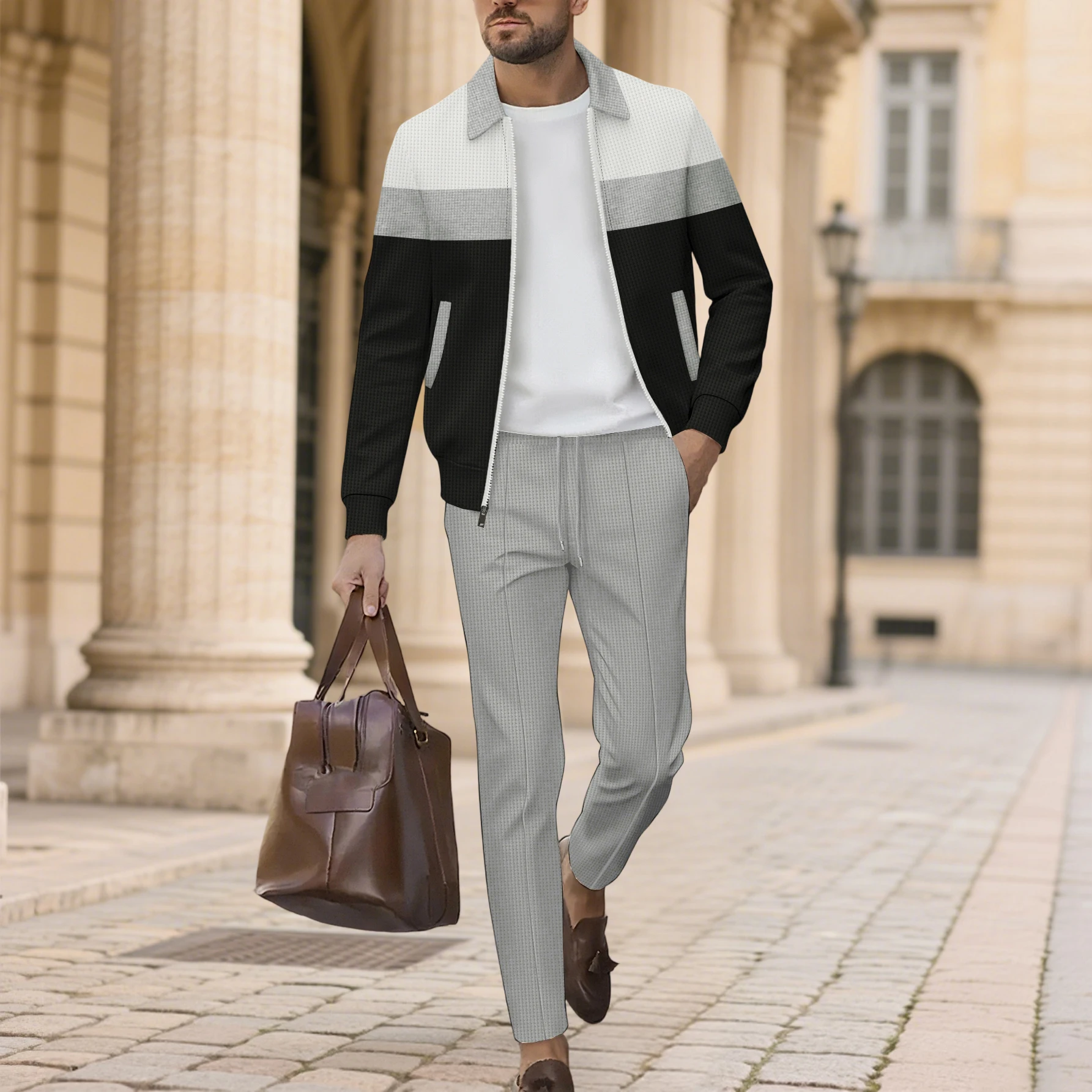 

Men's Casual 2 Piece Outfit Contrast Color Long Sleeve Zip Jacket with Side Pockets and Elastic Waist Pants Lightweight Suit S-3