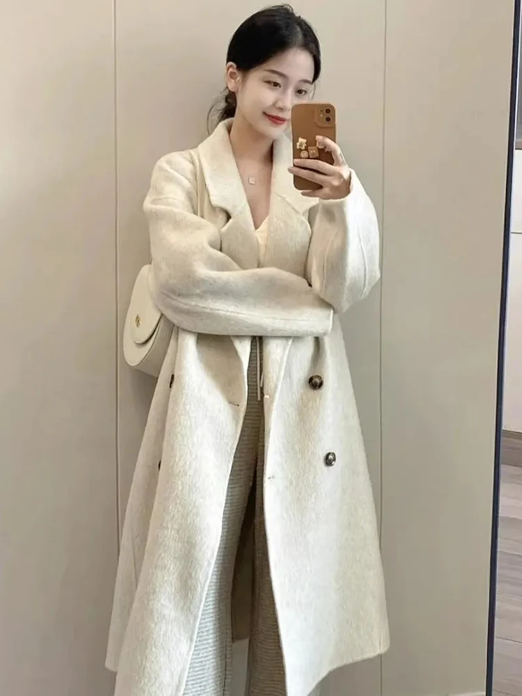 Women Midi Woolen Coats Korean Loose Casual Preppy Long Sleeve Vintage Elegant Outwear Fall Winter Aesthetic Button Pocket Tops