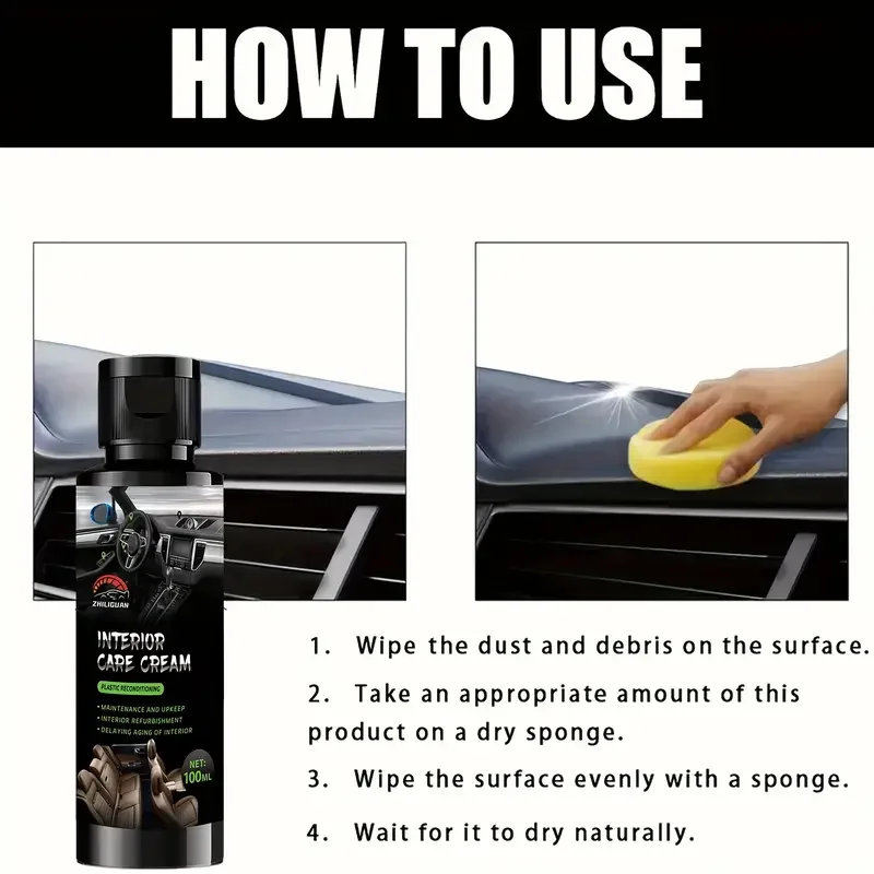 Car interior repair wax, plastic parts refurbishing agent, interior gloss enhancer, tire protection agent