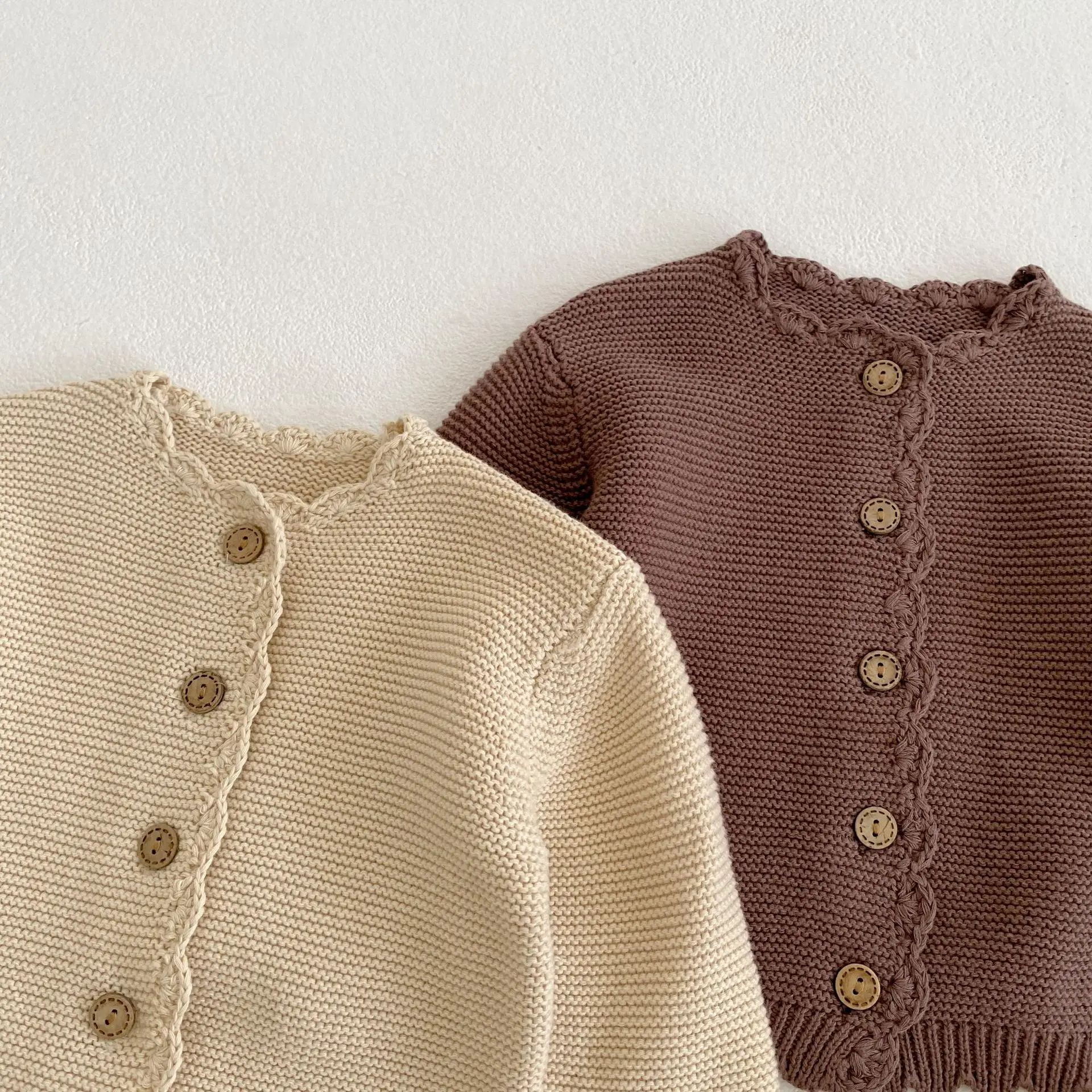2025 Spring Baby Boys and Girls Sweater Versatile Round Neck Handmade Hook Edge Knitted Cotton Long Sleeve Cardigan