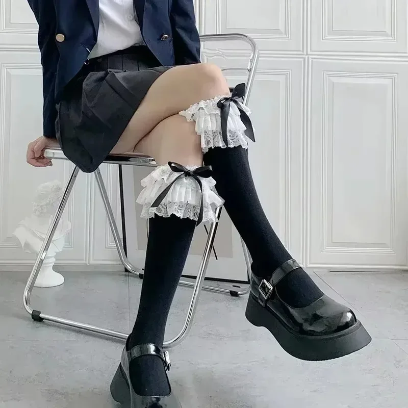 Kawaii Lolita Spitze Wadenstrümpfe Mehrschichtige Schleife Baumwolle JK Japanische Lange Strümpfe Vintage Gothic Palace Cosplay Zubehör