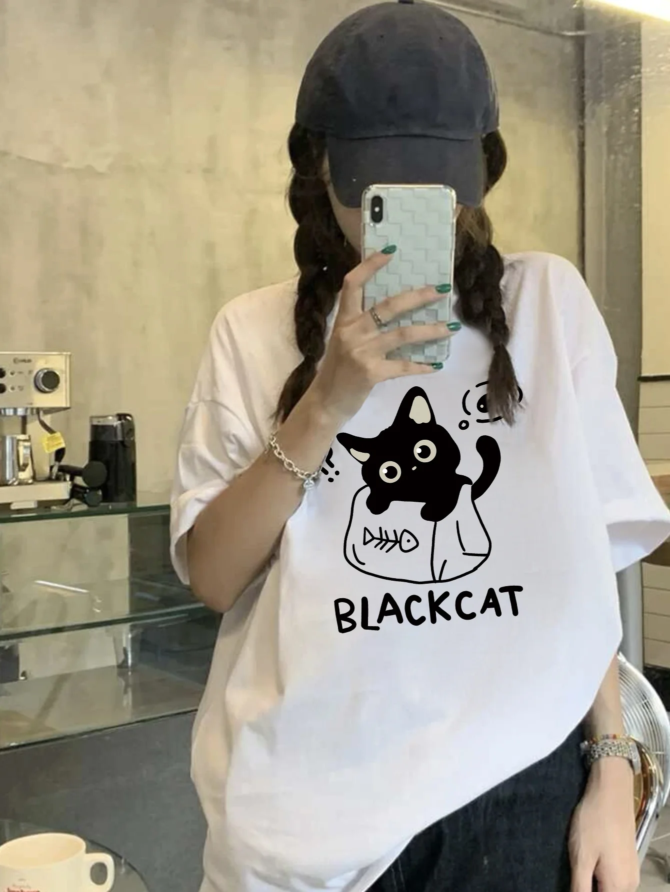 

Женский топ с милым черным котом на день рождения, милый топ с короткими рукавами и круглым вырезом, подходящий для летней одежды с принтом мультяшного кота