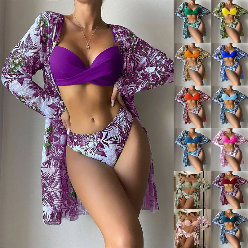 

2025 new European and American swimsuit women's front twist swimsuit mesh three-piece bikini blouse jacket