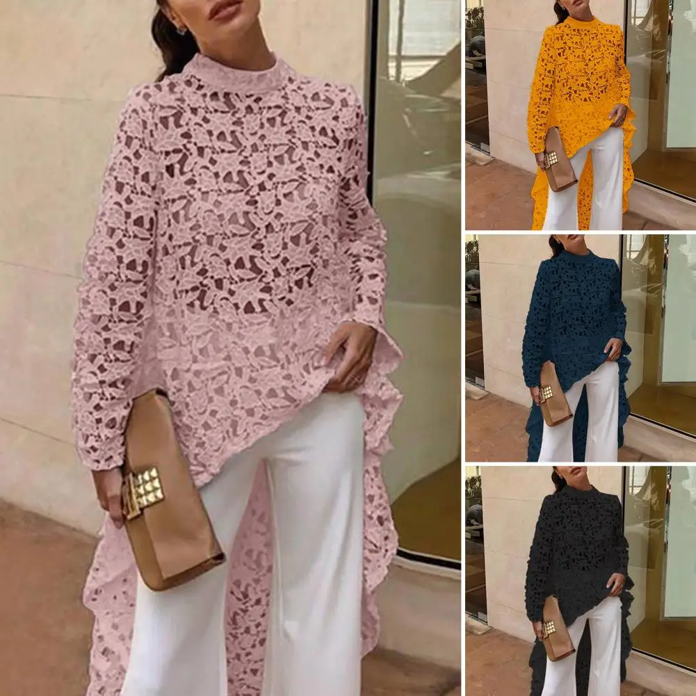 Women See-through High Collar Top Elegant Lace Floral Patchwork Long Sleeve Blouse Stylish Cutout Irregular Crochet Top Blouse