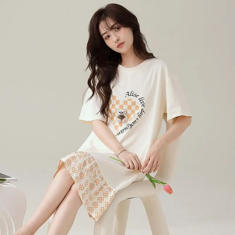 

Летние женские ночные сорочки 2026 года с коротким рукавом, 100% хлопок, с принтом, в корейском стиле, свободного кроя, для дома